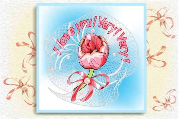 Postcard Sticker Magnet Square Illustration Pink Tulip Bud Inscription Love — Stock Vector