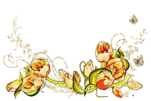 ヴィンテージチューリップ付きのポストカード シャイな箔 黄金の線だ 春の花 スタイリッシュなお祝いのデザイン 結婚式誕生日祖母祖父母父 — ストック写真