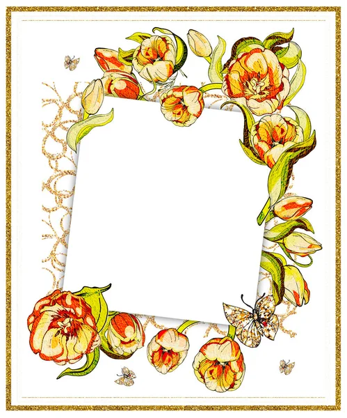 빈티지 튤립이 엽서에 벽화처럼 익혔어 샤이니 라인이요 디자인 결혼식 기념일 — 스톡 사진