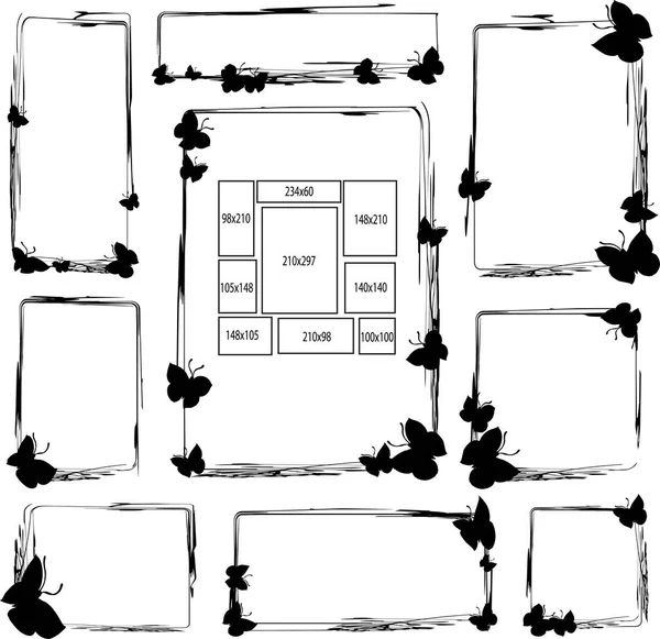 Conjunto Quadros Para Scrapbooking Design Gráfico Silhueta Preta Linhas Finas — Vetor de Stock