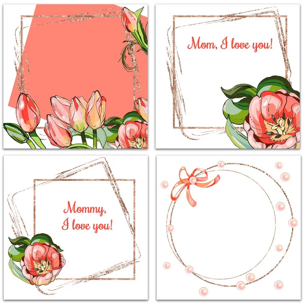 A set of rectangular postcards. For your notes and labels. A gift for your loved ones. Mother\'s Day, March 8, Easter. Graphics. Flowers are Tulips in a frame. Geometric lines. Shiny foil and glitter.