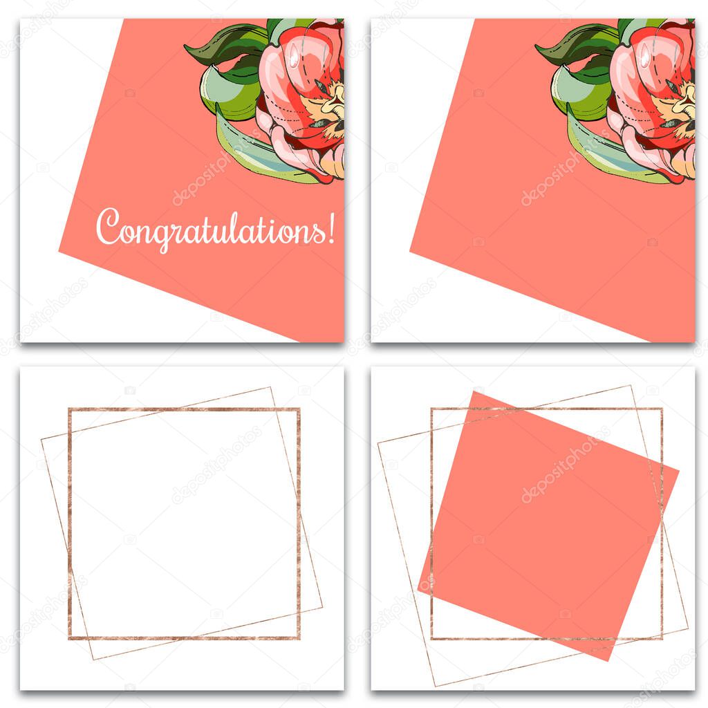 A set of rectangular postcards. For your labels. A gift for your loved ones.Mother's Day, March 8. Framed tulips. Geometric lines.Shiny foil and glitter.