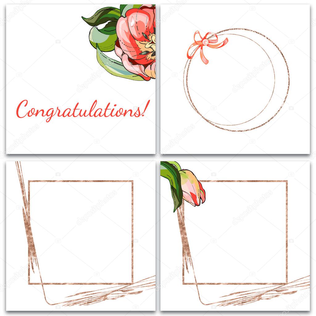 A set of rectangular postcards. For your labels. A gift for your loved ones.Mother's Day, March 8. Framed tulips. Geometric lines.Shiny foil and glitter.