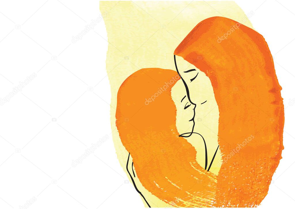 Greeting card for Mother's Day and International Women's Day on the eighth of March with the inscription.Watercolour graphics, brush drawing.Silhouettes of two red-haired women embracing.