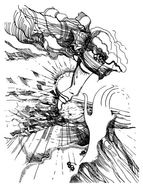 女性の顔 プロフィールの女の子 ビーチ 連想シリーズ 黒と白のグラフィック 細い線で描く美しいハッチングフレーム内の画像 あなたのためのイラスト — ストックベクタ