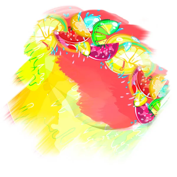 Kolorowy Kolaż Owocowy Projekt Sublimacji Kliparty Tęcza Owocowa Krople Soku — Zdjęcie stockowe