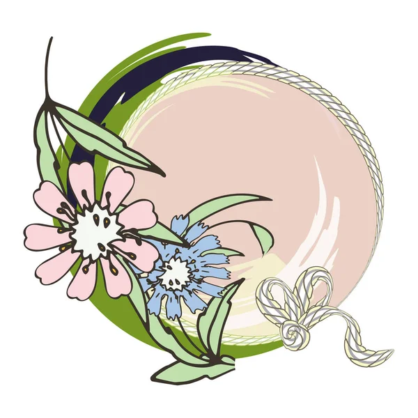 Çiçekli bir çember. İpler ve düğümlenmiş ipler. Ortasında kayıt yeri olan. Pastel renkler. Yastıklar, kupalar ve tişörtler için. Kartpostal şablonu. Çocuklar çok tatlı.