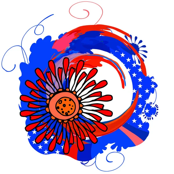 旗を持ったアメリカのテーマ ギフト製品に印刷するための抽象的なイラスト 花や渦巻きとラウンド昇華 赤と青の色で愛国的なイラスト 休日は7月4日 — ストックベクタ