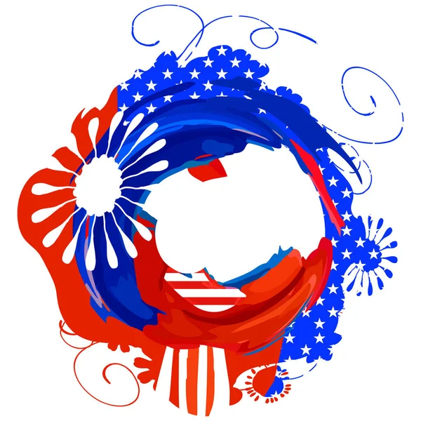 有国旗的美国主题 礼品印刷的摘要说明 环抱升华与花和漩涡 红色和蓝色的爱国图解 假期是7月4日 — 图库矢量图片#