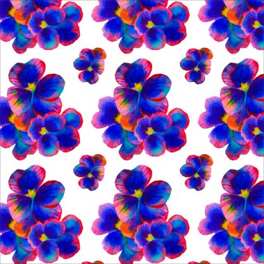 İbneler. Albüm ve dikiş işleri için arka plan. Viyola çiçeklerinin suluboya çizimleri. Mavi taç yaprakları ve kızıl ötesi ışınlar. Kumaşta çok renkli doku, ambalaj. Selamlama ve kartpostallar için şablonlar.