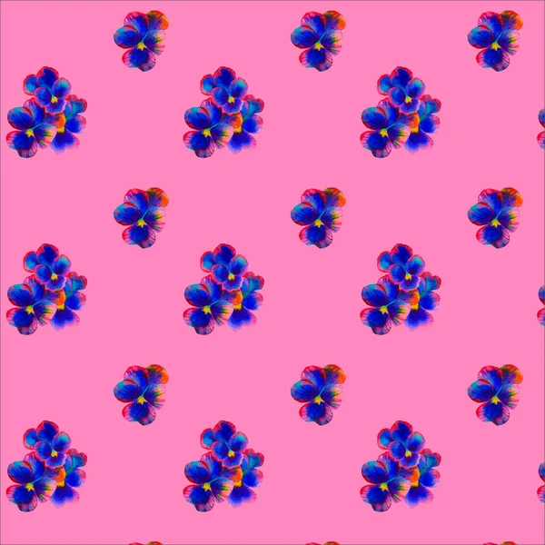 パンジー スクラップブッキングと針仕事の背景 ビオラの花の水彩画のカラフルな絵 青い花弁と花序のラスターの背景 生地に多色のテクスチャ 挨拶やはがきのテンプレート — ストック写真