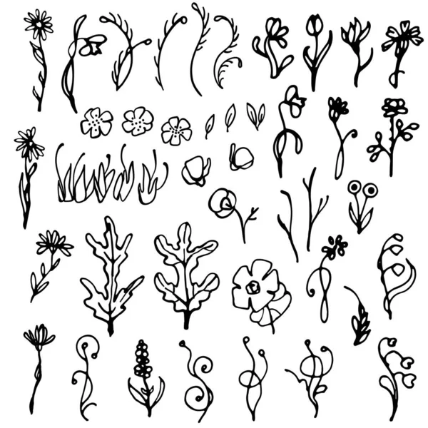 Egy Csokor Dekoratív Doodle Virág Virágok Levelek Szublimációja Árnyék Sziluett — Stock Vector
