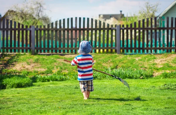 庭で作業 2 歳くらいの小さな男の子. — ストック写真