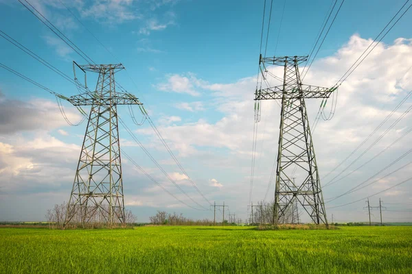 High Voltage Lines Power Pylons Flat Green Agricultural Landscape Sunny — Stock Photo, Image