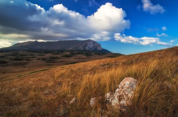 Hermoso Paisaje Montaña Con Campo Una Piedra Nubes — Foto de Stock