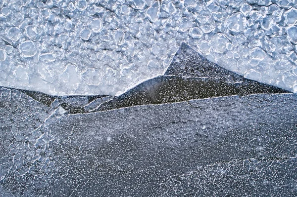 Hielo Congelado Orilla Del Embalse Como Fondo Vista Pájaro —  Fotos de Stock