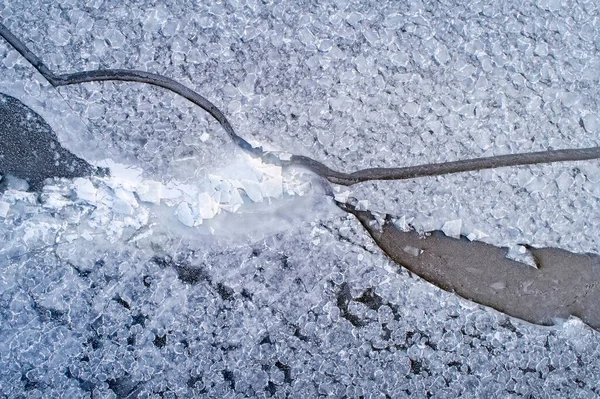 Hielo Congelado Orilla Del Embalse Como Fondo Vista Pájaro —  Fotos de Stock