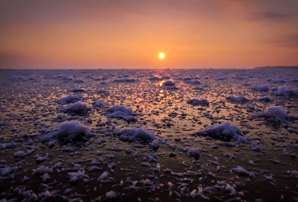 Sunrise Frozen Sea Beautiful Winter Landscape Lake Morning Time Daybreak — Stock Photo, Image