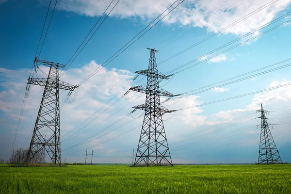 Güneşli bir günde mavi gökyüzünde bulutlar olan düz ve yeşil tarım arazisindeki yüksek voltaj hatları ve elektrik direkleri. Bulutlu ve yağmurlu. Buğday büyüyor.