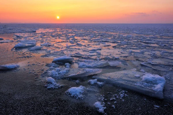 Sunrise Frozen Sea Beautiful Winter Landscape Lake Morning Time — Stock Photo, Image