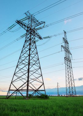 Güneşli bir günde mavi gökyüzünde bulutlar olan düz ve yeşil tarım arazisindeki yüksek voltaj hatları ve elektrik direkleri. Bulutlu ve yağmurlu. Buğday büyüyor.