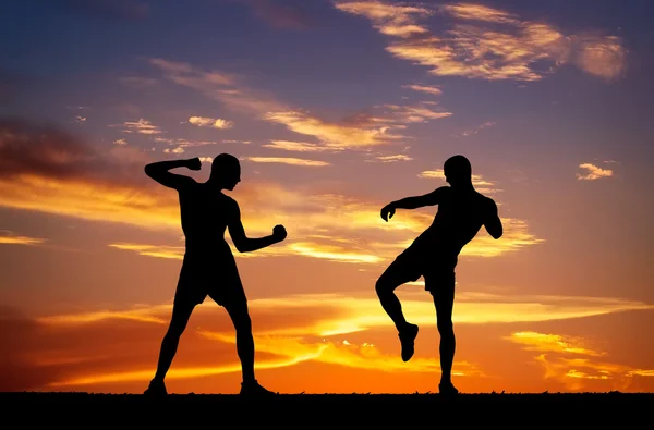 Silhouettes of two fighters on sunset fiery background — Stock Photo, Image