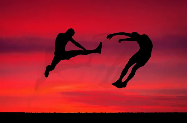 Siluetas de dos cazas sobre fondo de fuego al atardecer . —  Fotos de Stock