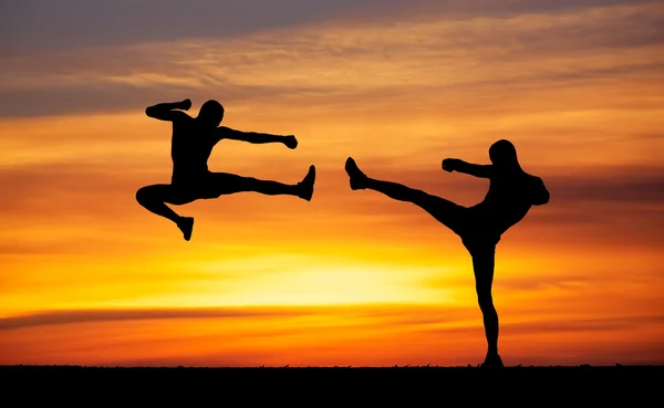 Silhouettes of two fighters on sunset fiery background — Stock Photo, Image