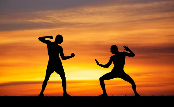 Silhouettes of two fighters on sunset fiery background — Stock Photo, Image