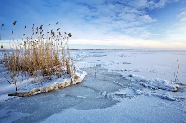 Vackert vinterlandskap med frusen sjö. — Stockfoto