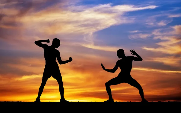 Silhouettes of two fighters on sunset fiery background — Stock Photo, Image