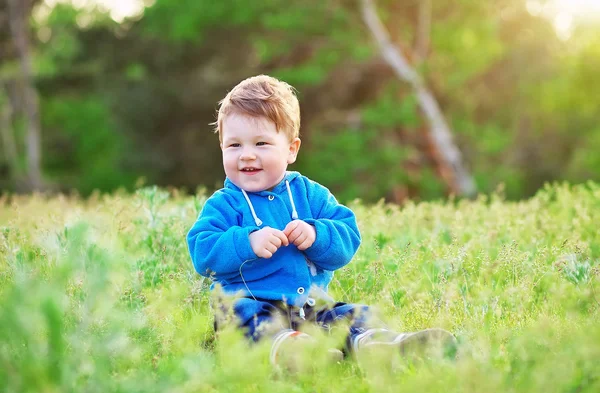 美しい幸せな小さな赤ちゃん男の子緑の芝生の上に座って、playin ロイヤリティフリーのストック写真