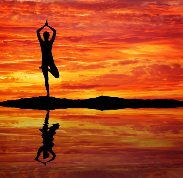 Silhouet van een vrouw Yoga in de avond. — Stockfoto