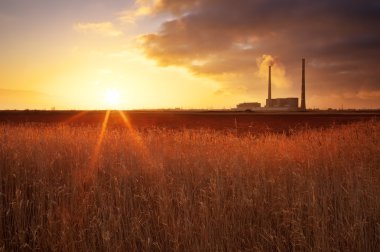 Termik santral, sazlık ve günbatımı gökyüzü güzel manzara
