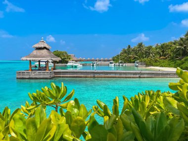 Muhteşem tropikal Maldivler adası manzarası. Güneş doğarken güzel bir sahil ve göl manzarası. Tatil, tatil ve romantik balayı pankartı konsepti.