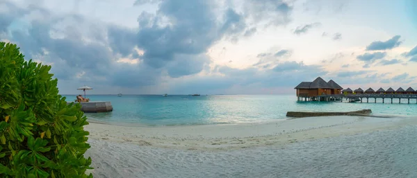 Tropikal Maldivler adasının inanılmaz geniş manzarası. Güzel gündoğumunda mavi göl, turkuaz su ve palmiye ağaçlarıyla egzotik plaj arka planı. Tatil, tatil ve romantik balayı gezisi.