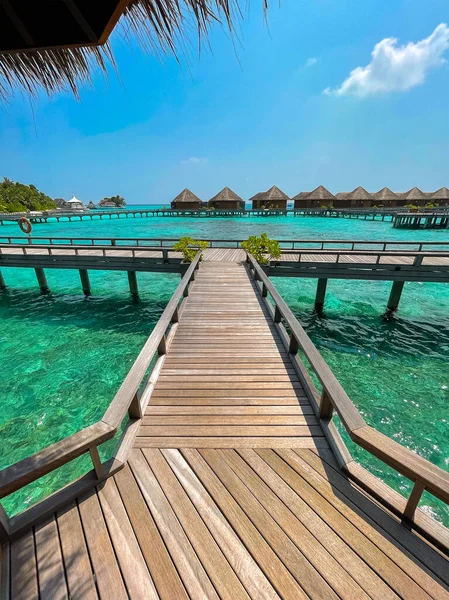 马尔代夫的天堂风景 海景与水平房 美丽的绿松石海和泻湖水 热带自然 异国热带岛屿背景 — 图库照片