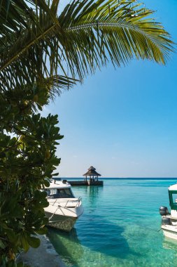 Maldivler sahilinin panoramik manzarası ve ufukta sürat tekneleri ve yatları olan bir rıhtım. Deniz manzaralı bungalovlar, güzel turkuaz deniz ve lagün suları, tropikal doğa cenneti. 