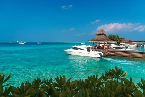 Maldivler sahilinin panoramik manzarası ve ufukta sürat tekneleri ve yatları olan bir rıhtım. Deniz manzaralı bungalovlar, güzel turkuaz deniz ve lagün suları, tropikal doğa cenneti. 