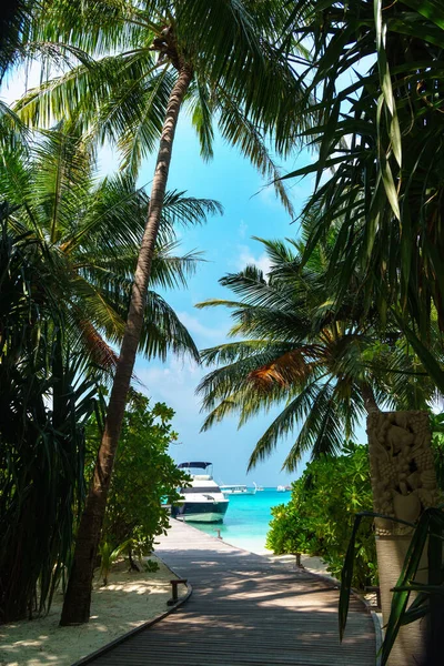 马尔代夫海滩和码头全景 地平线上有快艇和游艇 海景与水平房 美丽的绿松石海和泻湖水 热带自然天堂 — 图库照片