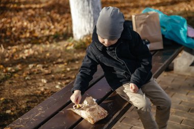 Çocuk sonbahar parkında oturuyor ve annesiyle yemek yiyor. Yaşam biçimi
