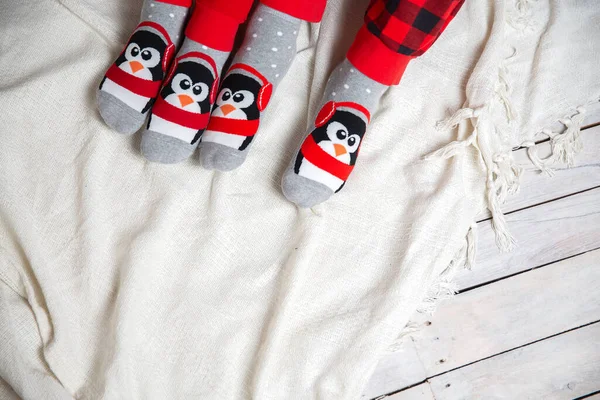 Nohy ve vánočních ponožkách na bílé dece. Pár, sedících u přikrývky, si uvolněně ohřívá nohy ve vlněných ponožkách. Koncept zimních a vánočních svátků — Stock fotografie
