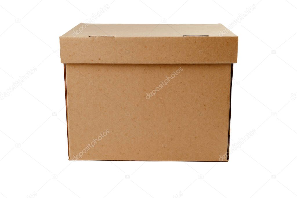Brown cardboard box with a lid on a white insulated background.