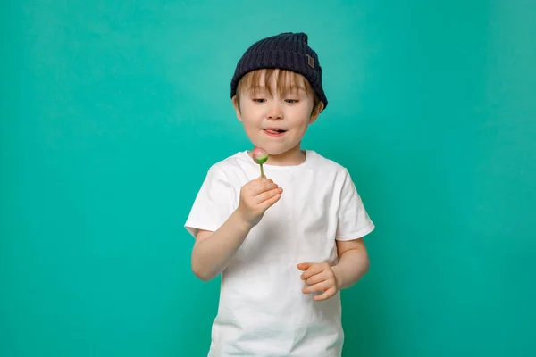 Beyaz tişörtlü şık çocuk mavi arka planda duruyor. Kameraya lolipop pozları veren tatlı çocuk. — Stok fotoğraf