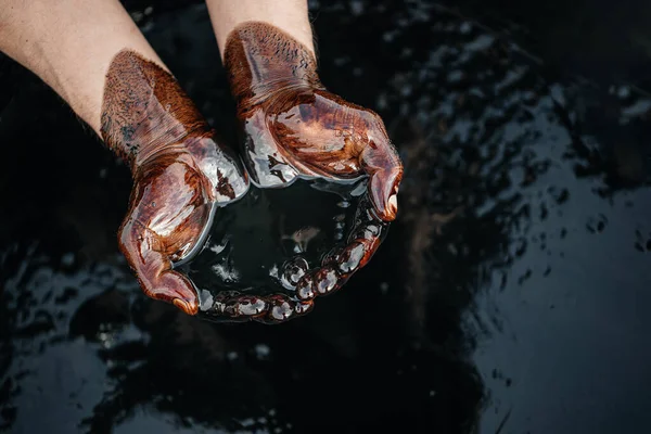 Elleri, dökülen petrol ürünlerinin arka planına karşı ham petrole bulanmıştır. Petrol endüstrisinin krizi. Ekonomik kriz. Siyah altın. Boşluğu kopyala