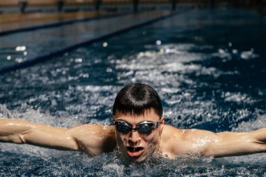 Yüzme sporu yüzücüsü havuzda yüzer, yarışa hazırlanır. Yetişkinler için profesyonel erkek su sporları, kapalı havuzda kardiyo eğitimi alıyorlar. Panoramik pankart.