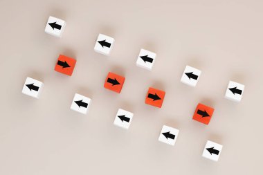 Beyaz ve kırmızı küpler iş değişikliğinin büyüme ve başarı kavramının lideri olmak için zıt yönlere giderler..