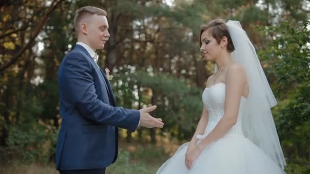 Жених и невеста позируют в лесу — стоковое видео