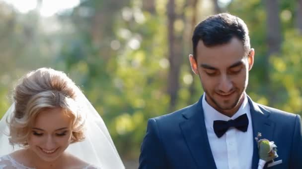 Novia y novio caminando en el bosque — Vídeos de Stock