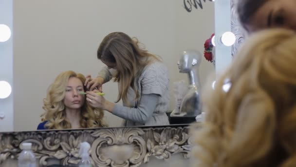 Визажист делает макияж модели — стоковое видео